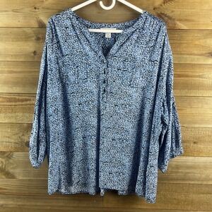 CJ Banks Womens Shirt 3/4 Sleeve Vneck Pocket Geometric Floral Blue Size 2X